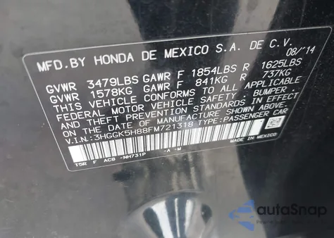 2015 Honda Fit Ex from USA, damaged, VIN 3HGGK5H88FM721318